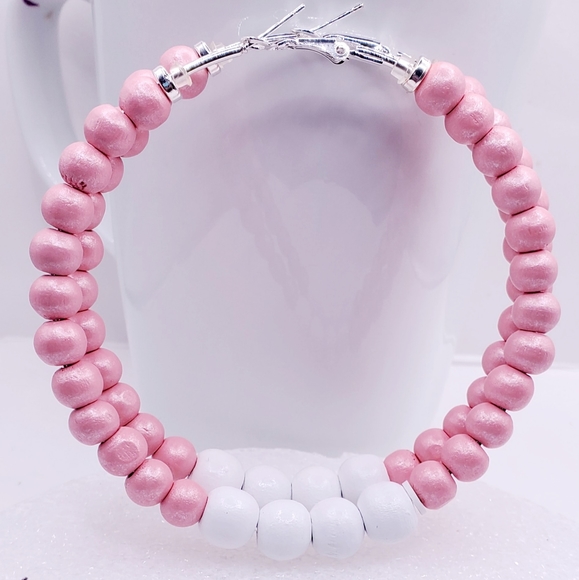 Hoop earrings with natural wooden beads, large hoop earrings - Picture 4 of 7